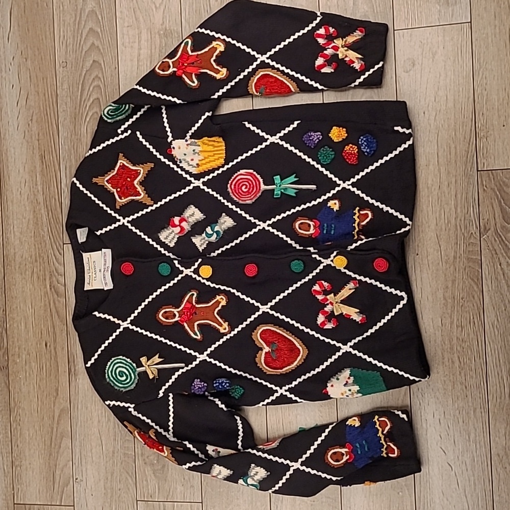 MARISA CHRISTINA Christmas Collection Ginger Bread Man Sz M Cardigan Sweater 90s